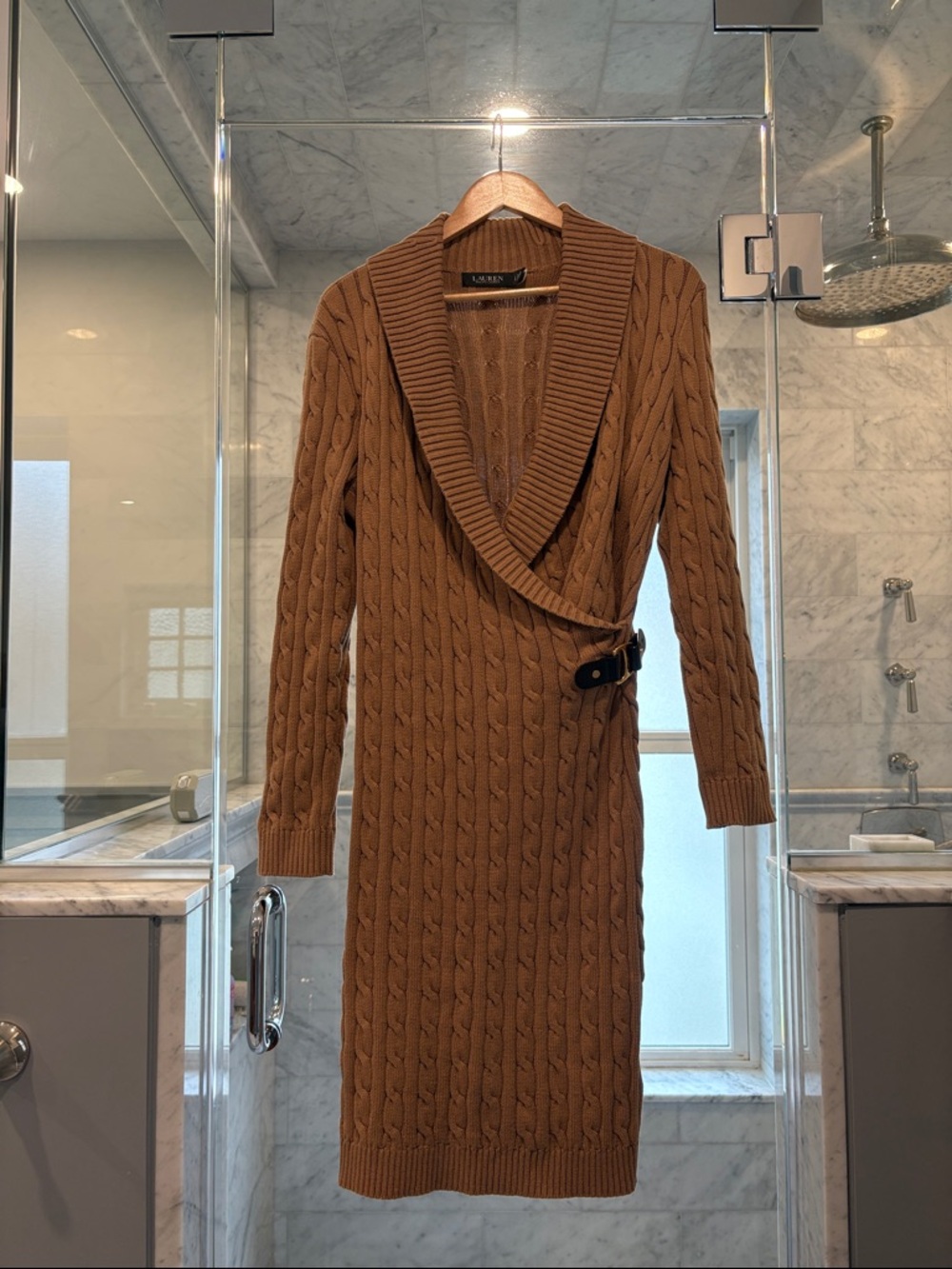 Ralph Lauren Cable Knit Wrap Sweater Dress in Camel